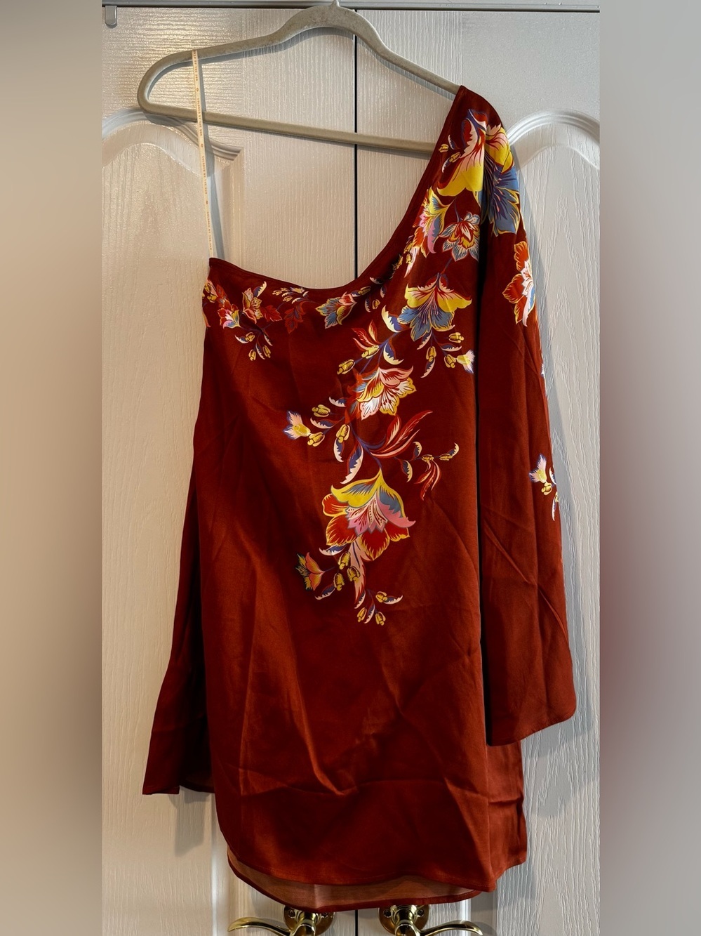 FARM Rio Rust Floral Patterned One Shoulder Bell Sleeve Mini Dress - Size XL - Picture 5 of 7